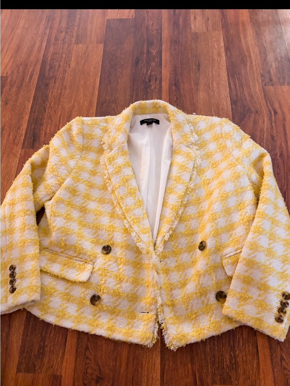 Ann Taylor Yellow & White Tweed Double-Breasted Blazer